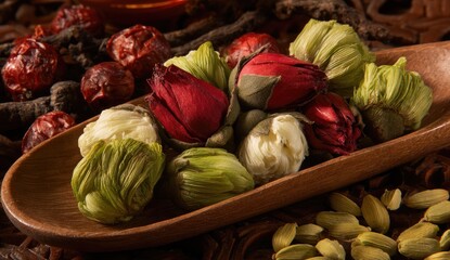 Dried flower buds in a wooden bowl, surrounded by spices