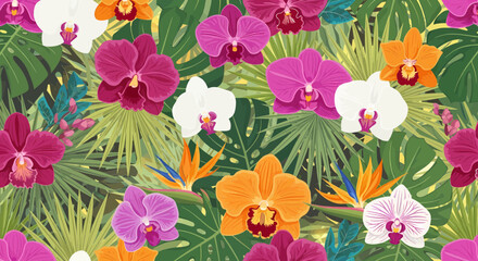 Exotic Floral Pattern With Tropical Leaves And Vibrant Orchids