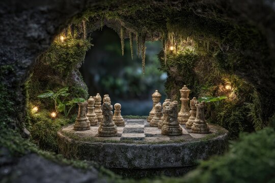 Chess Set In Magical Cave Garden