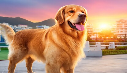 Golden Retriever at sunset in a park