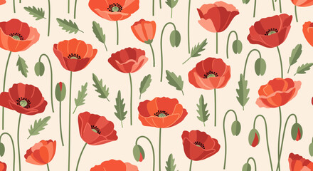 Fototapeta premium Seamless Floral Pattern With Red Poppies And Green Leaves