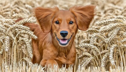 Playful ginger dog in a wheat field