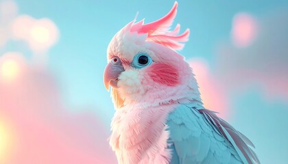 A tiny pastel pink and baby blue cockatiel, dreamy and cute, fluffy feathers
