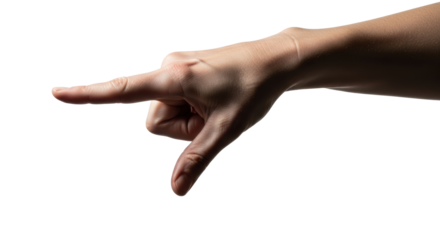 Adult pale hand with prominent veins, fingers splayed in a commanding gesture, against a transparent background with copy space. Concept of authority and direction