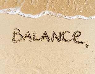 Sandy beach scene with word "BALANCE" written in the sand