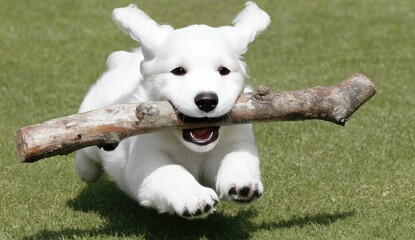 White puppy running, mouth full of stick, on green grass