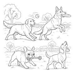A black and white line art illustration of four different dog breeds happily playing together outdoors.
