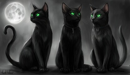 Three black cats with glowing green eyes, sitting in profile, under a full moon