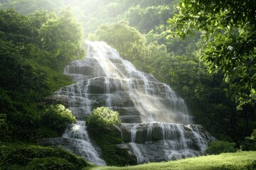 A serene waterfall cascades through lush greenery, illuminated by soft light, creating a tranquil and picturesque natural scene.