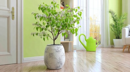Potted plant in a light-colored vase in a green room