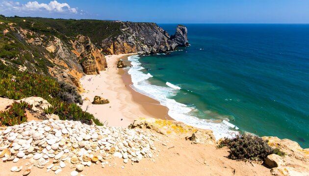 Panoramic coastal view of a beach with cliffs and waves - Powered by Adobe