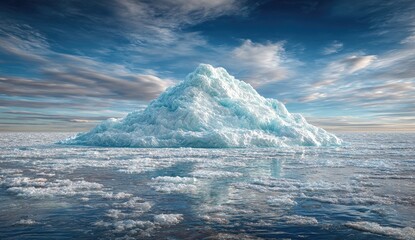 Massive iceberg, pyramid shape, floats on icy water, dramatic sky