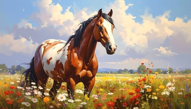 A majestic horse amidst a vibrant meadow under a partly cloudy sky