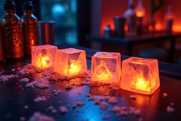 A bar counter with spilled cocktails and glowing cubes of ice.
