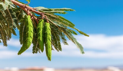 Close-up of vibrant green seed pods hanging from a branch against a bright blue sky