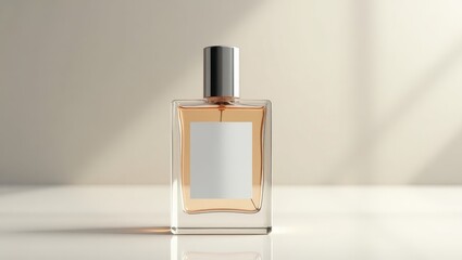 A clear glass perfume bottle with a blank label sits on a light beige surface, showcasing subtle shadows and a minimalist aesthetic.