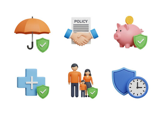 3d icon of collection of 3d icons representing insurance, health, family, and financial security, isolated on transparent background