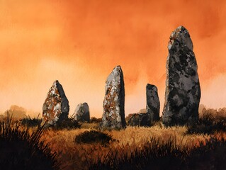 Ancient Stone Circle Watercolor Painting on Golden Meadow Under Sunset Sky