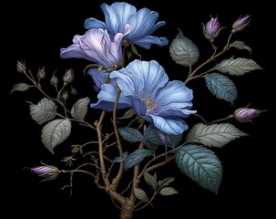 Delicate, light-blue flowers with buds and leaves on a dark background