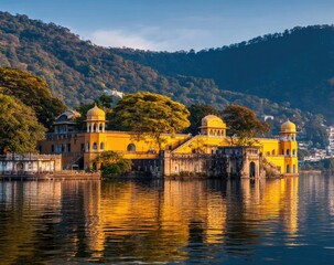 Golden palace on a lake, nestled in hills