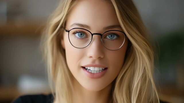 A woman with blonde hair and blue eyes is wearing glasses. She is smiling and looking directly at the camera