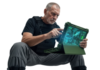 Elderly caucasian man in tactical gear intensely focused on a glowing military ruggedized tablet in a transparent studio, low angle medium shot, cinematic lighting. Concept of secure command and