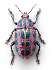 A colorful beetle with pink and blue patterned exoskeleton, detailed textures, and long antennae, set against a white background.