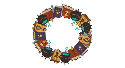 Naklejka premium An enchanting circle of ancient spellbooks and bubbling cauldrons in a magical realm