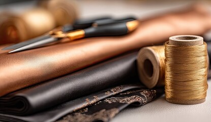 Close-up of copper and dark fabric, sewing shears, and thread spools