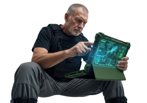 Elderly caucasian man in tactical gear intensely focused on a glowing military ruggedized tablet in a transparent studio, low angle medium shot, cinematic lighting. Concept of secure command and