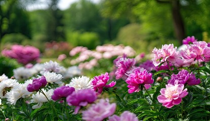 Obraz premium Pink and white peonies in a garden