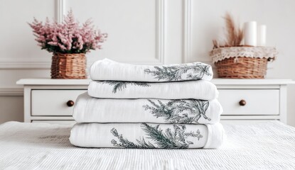 Stacked white blankets with dark-gray botanical print, on a white surface, beside a white dresser and plants