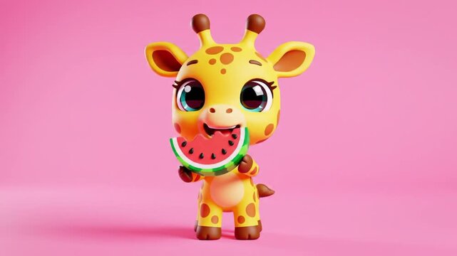 Cartoon giraffe enjoying a slice of watermelon on a solid pink background
