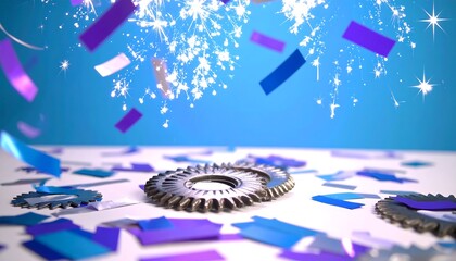 Gears amidst celebratory confetti