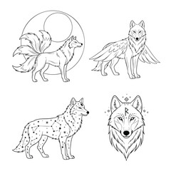 A collection of four mystical wolf and fox line art illustrations with mythological and celestial themes.