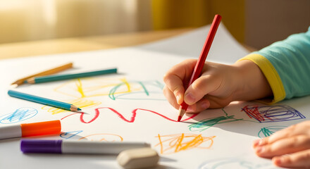 A young child's hand holds a red pencil, creating a colorful drawing on a sheet of paper with other art supplies nearby.