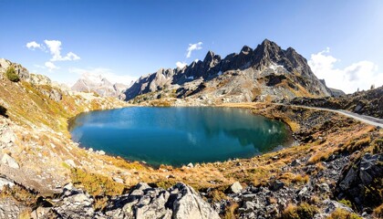Naklejka premium Alpine Lake Landscape with Mountain Peaks under a Blue Sky