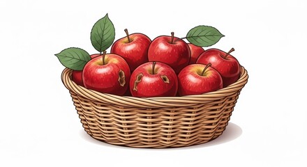 Basket of Ripe Red Apples with Green Leaves on White Background