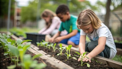 Young children planting fresh plants in garden beds — teamwork and connection with the earth