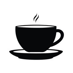 Stylized black and white illustration of a steaming cup of coffee on a saucer, coffee cup with saucer silhouette vector illustration