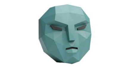 Muted teal, desaturated cyan 3D low-polygon digital icon with geometric facets, slit eyes, and straight mouth on transparent background with soft shadows, ample copy space, calm and thoughtful concept