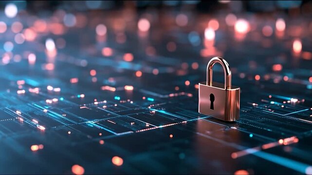 Padlock on abstract circuit board background cyber security concept