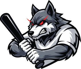 Wild Wolf Mascot Swinging Baseball Bat Vector Sports Logo Design

