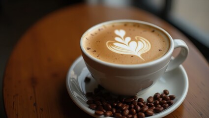 Aromatic latte art in a white mug, resting on a wooden table, with scattered coffee beans.