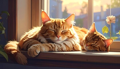 Two ginger cats asleep on a windowsill, bathed in warm sunlight
