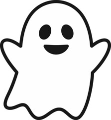 Obraz premium A simple, happy, cartoon-style ghost with a friendly smile and round eyes, outlined in black on a white background.