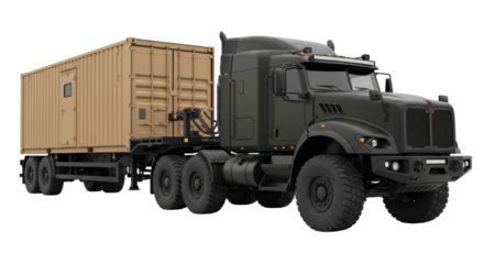 Rugged matte black tactical semi-trailer truck with heavy-duty off-road features, paired with desert tan armored container, on transparent studio background for copy, expeditionary transport concept