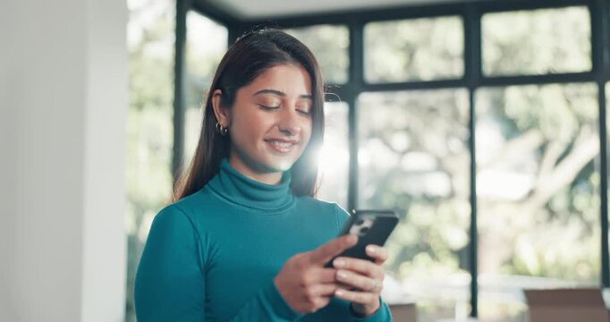 Moving in, woman or typing with phone in new home for decor inspo, renovation app or online shopping. Relocation, tenant or happy with email for lease agreement, property transfer contract or texting