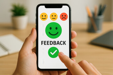 Feedback smiley face smartphone screen hand holding phone positive review user experience