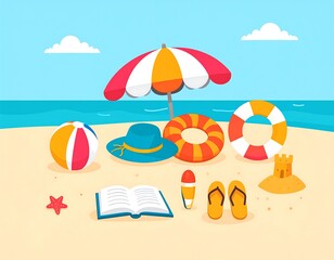 Fototapeta premium Beach scene with colorful beach items. Flat design of a sunny beach with umbrella, inflatable ring, beach ball, hat, book, flip-flops, sandcastle, and starfish